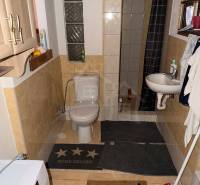 Koupelna v rodinném domě s WC, sprchovým koutem a pračkou.