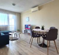 Obývací pokoj v 2-pokojovém bytě s podlahou s dřevěným dekorem, pohovkou a jídelním stolem.