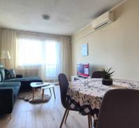 Obývací pokoj v 2-pokojovém bytě s pohovkou, jídelním stolem a podlahou s dřevěným dekorem.