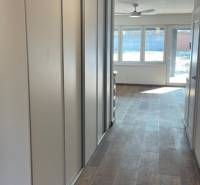 Chodba v rodinném domě s podlahou s dřevěným dekorem, velká okna, vestavěné skříně.