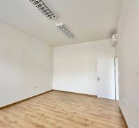 Kanceláře s podlahou s dřevěným dekorem a bílými stěnami, svítidla na stropě.