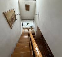 Schodiště v rodinném domě s obrazem na stěně a rostlinou u okna.