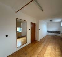 Pokoj v rodinném domě s podlahou s dřevěným dekorem, zrcadlem a oknem.