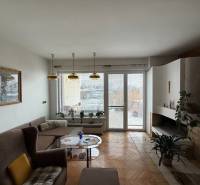 Obývací pokoj v rodinném domě s krbem, sedačkou a podlahou s dřevěným dekorem.