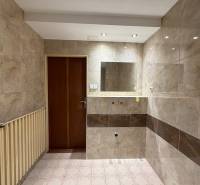 Koupelna v rodinném domě s obkladem, zrcadlem a radiátorem.