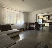 Obývací pokoj v rodinném domě s výhledem na kuchyň, podlaha s dřevěným dekorem.