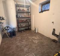 Skladovací prostor v rodinném domě s regálem a sportovním vybavením, podlaha s dřevěným dekorem.