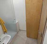 Koupelna v garsonce s umyvadlem, sprchovým koutem a skříní na světlé dlažbě.