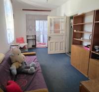 Obývací pokoj rodinného domu s pohovkou, policovou skříní a hračkou na podlaze.