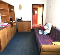 Rodinný dům s kobercem, pohovkou a policemi. Dětský medvídek na pohovce.