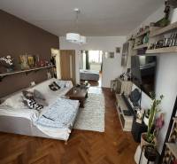 Obývací pokoj s pohovkou, stolem a podlahou s dřevěným dekorem ve 3pokojovém bytě.