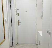 Vstupní dveře v garsonce s bílými stěnami a dlažbou, zrcadlo na stěně.