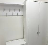 Světlá skříň a věšák v garsonce s několika háčky a bílým stolem.