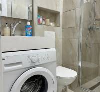 Koupelna v garsonce vybavená pračkou, sprchovým koutem, toaletou a úložnými přihrádkami.