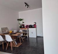 Jídelní kout s dřevěným stolem, čtyřmi židlemi a rostlinou v 3-pokojovém bytě.