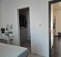 Ložnice se zrcadlem, vstupem do šatníku a chodbou v 3-pokojovém bytě.