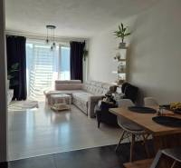 Interiér 3-pokojového bytu s pohovkou, jídelním stolem a podlahou s dřevěným dekorem.