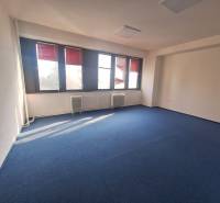 Kancelář s modrým kobercem a velkými okny, prosvětlený prostor.