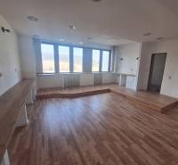 Obchodní prostory s podlahou s dřevěným dekorem a velkými okny.