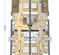 Půdorys přízemí rodinného domu se dvěma ložnicemi a obývací částí na podlaze s dřevěným dekorem.