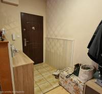 Vstupní hala ve 3-pokojovém bytě s kamenným obložením a úložnými prostory.