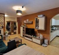 Obývací pokoj ve 3-pokojovém bytě s podlahou s dřevěným dekorem a otevřenou kuchyní.