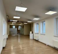 Kanceláře s podlahou s dřevěným dekorem, závěsnými svítidly a prosklenými dveřmi.