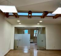 Interiér kanceláře s podlahou s dřevěným dekorem a skleněnými dveřmi.