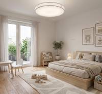 Dětský pokoj v rodinném domě s podlahou s dřevěným dekorem a hračkami.