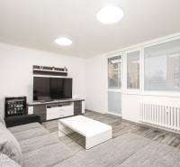 Obývací pokoj v 3-pokojovém bytě s pohovkou, televizí a podlahou s dřevěným dekorem.