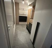 Chodba v 2-pokojovém bytě s dlažbou, skříňkami a dřevěnými stěnovými panely.