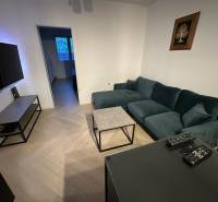 Obývací pokoj v 2pokojovém bytě s podlahou s dřevěným dekorem a pohodlnou sedačkou.