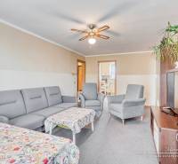 Obývací pokoj ve 4-pokojovém bytě s šedou sedačkou, stolkem a stropním ventilátorem.