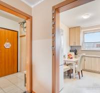 Interiér 4-pokojového bytu s podlahou s dřevěným dekorem a světlou kuchyní.