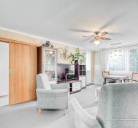 Světlý obývací pokoj s pohovkami ve 4pokojovém bytě a podlahou s dřevěným dekorem.