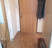 Vstupní hala 2pokojového bytu s keramickou podlahou a bundami na věšáku.
