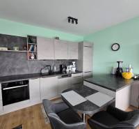 Kuchyně s jídelním stolem a podlahou s dřevěným dekorem v Rekreačním apartmánu.