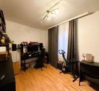 Pokoj s podlahou s dřevěným dekorem, psací stůl, počítač, stacionární kolo, police.