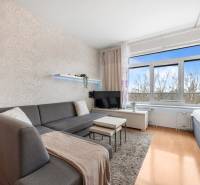 Obývací část 1-pokojového bytu s pohovkou, TV, světlými stěnami a podlahou s dřevěným dekorem.