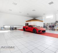 Červené auto a člun v obchodních prostorách na prodej v Štúrově.