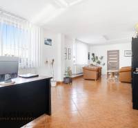 Světlé obchodní prostory s křesly, stoly a dekoracemi na podlaze s dřevěným dekorem.