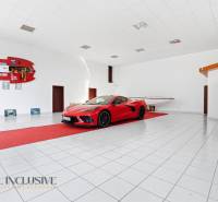 Obchodní prostory zobrazují auto a loď s bílou podlahou a sportovním příslušenstvím.