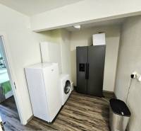 Kuchyně v 3-pokojovém bytě s pračkou a ledničkou. Podlaha s dřevěným dekorem.