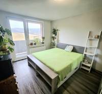 Světlá ložnice s postelí, rostlinami a podlahou s dřevěným dekorem ve 3-pokojovém bytě.