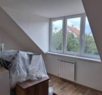 Podkrovní pokoj s velkým oknem, radiátorem a podlahou s dřevěným dekorem.