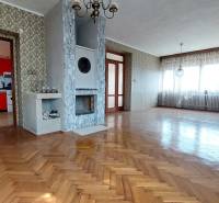 Obývací pokoj v rodinném domě s krbem a podlahou s dřevěným dekorem.