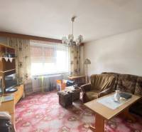 Obývací pokoj v rodinném domě s kobercem s květinovým vzorem a nábytkem.