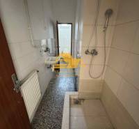 Koupelna v garsonce s jednoduchým sprchovým koutem, umyvadlem a kachličkami.