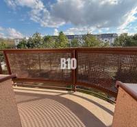 Výhled z balkonu v Rekreačním apartmánu na Halalovce v Trenčíně, obklopený stromy.