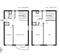 Půdorys 3-pokojového bytu se schodištěm, koupelnou a balkonem na dvou podlažích.